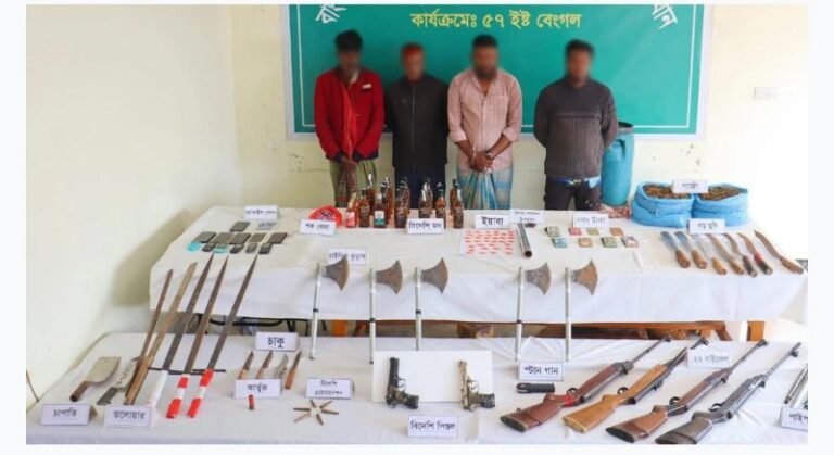 সুনামগঞ্জে সেনাবাহিনীর অভিযানে বিপুল অস্ত্র ও মাদক উদ্ধার, আটক ৪